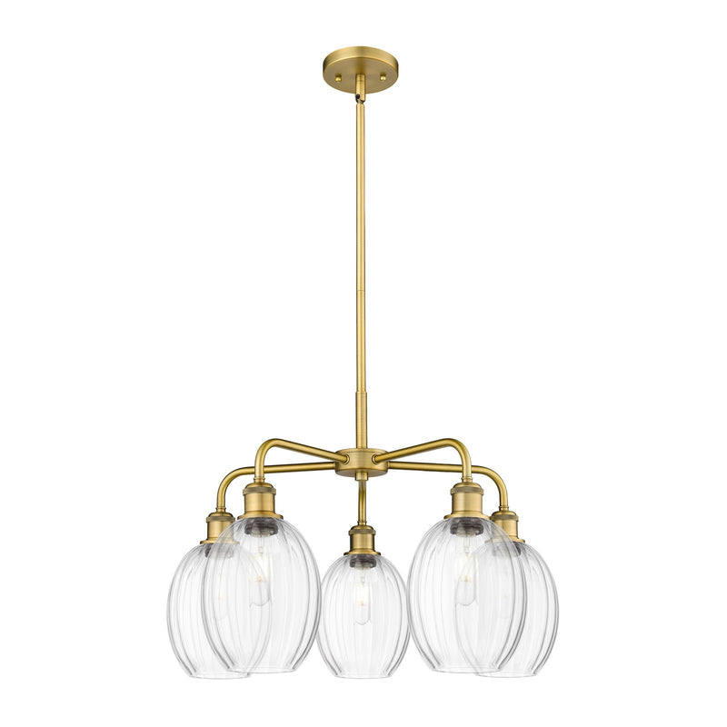 Innovations Preston Bulb 25in 5-Light Chandelier | Industrial Brushed Brass and Clear Glass | Kitchen Island & Dining Room | Model 516-5CR-BB-G459-6CL