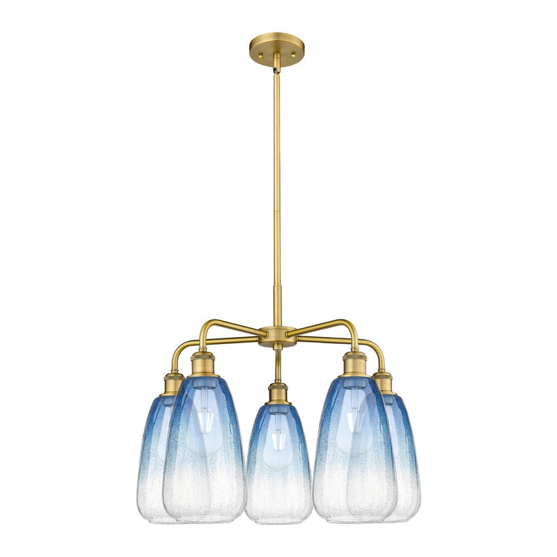 Innovations Brookhaven Almond 25in 5-Light Chandelier | Industrial Brushed Brass and Sapphire Blue Glass | Kitchen Island & | Model 516-5CR-BB-G480-6SB