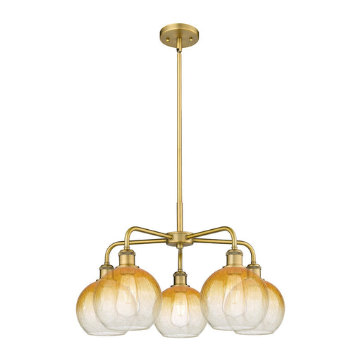Innovations Brookhaven Globe 26in 5-Light Chandelier | Industrial Brushed Brass Steel and Amber Glass | Kitchen Island & | Model 516-5CR-BB-G483-8AM