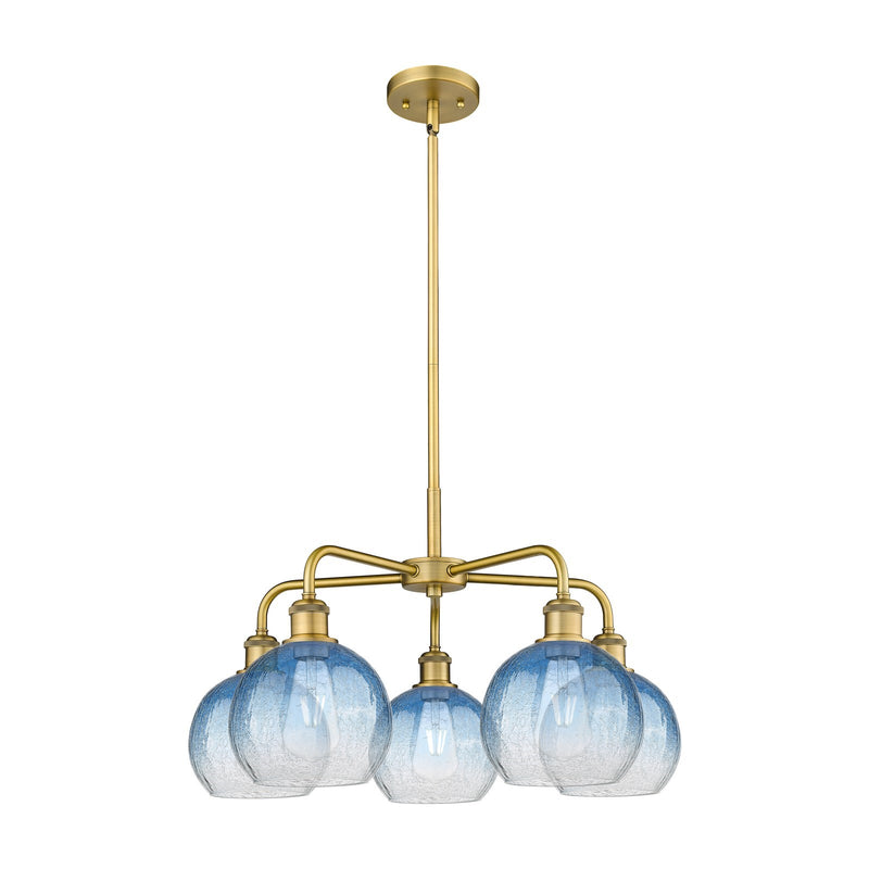 Innovations Brookhaven Globe 26in 5-Light Chandelier | Industrial Brushed Brass and Sapphire Blue Glass | Kitchen Island & | Model 516-5CR-BB-G483-8SB