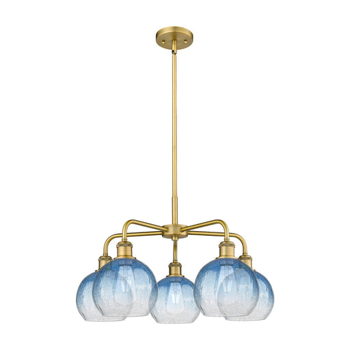 Innovations Brookhaven Globe 26in 5-Light Chandelier | Industrial Brushed Brass and Sapphire Blue Glass | Kitchen Island & | Model 516-5CR-BB-G483-8SB