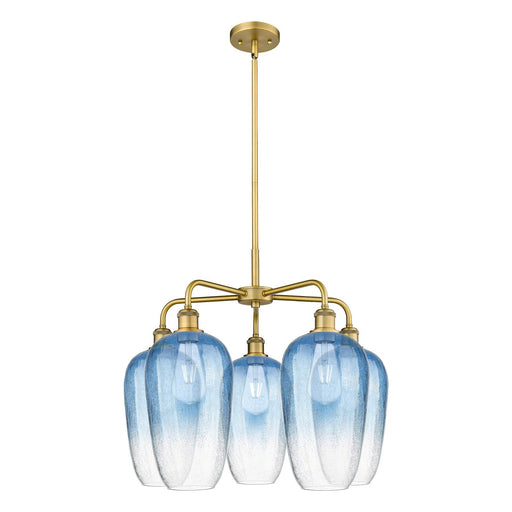 Innovations Brookhaven Flute 26in 5-Light Chandelier | Industrial Brushed Brass and Sapphire Blue Glass | Dining Room & Living | Model 516-5CR-BB-G484-7SB