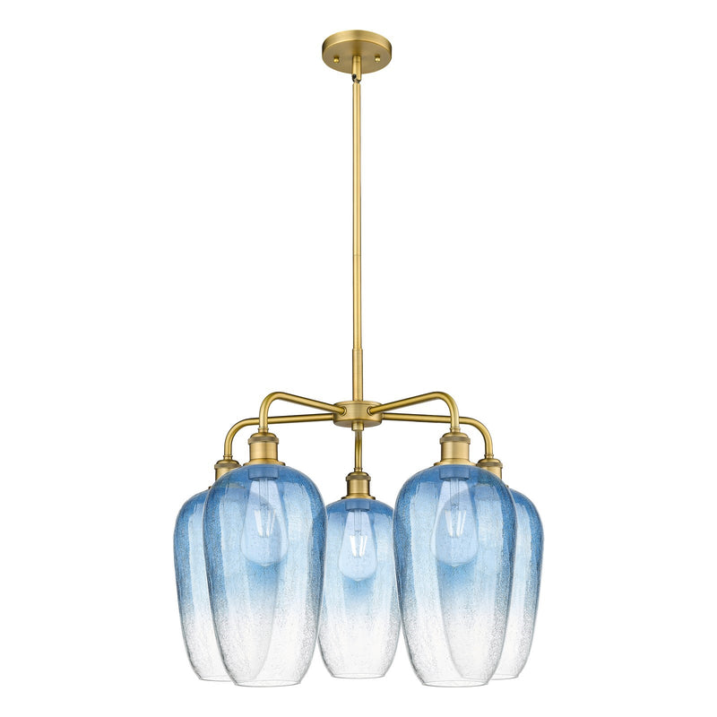 Innovations Brookhaven Flute 26in 5-Light Chandelier | Industrial Brushed Brass and Sapphire Blue Glass | Dining Room & Living | Model 516-5CR-BB-G484-7SB