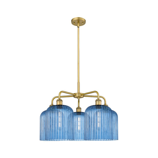 Innovations Bridal Veil 23in 5-Light Chandelier | Art Nouveau Brushed Brass Steel and Princess Blue Ribbed Glass | Kitchen | Model 516-5CR-BB-G559-8BL