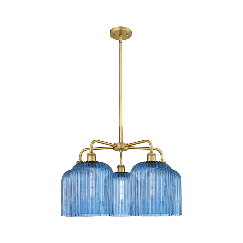 Innovations Bridal Veil 23in 5-Light Chandelier | Art Nouveau Brushed Brass Steel and Princess Blue Ribbed Glass | Kitchen | Model 516-5CR-BB-G559-8BL