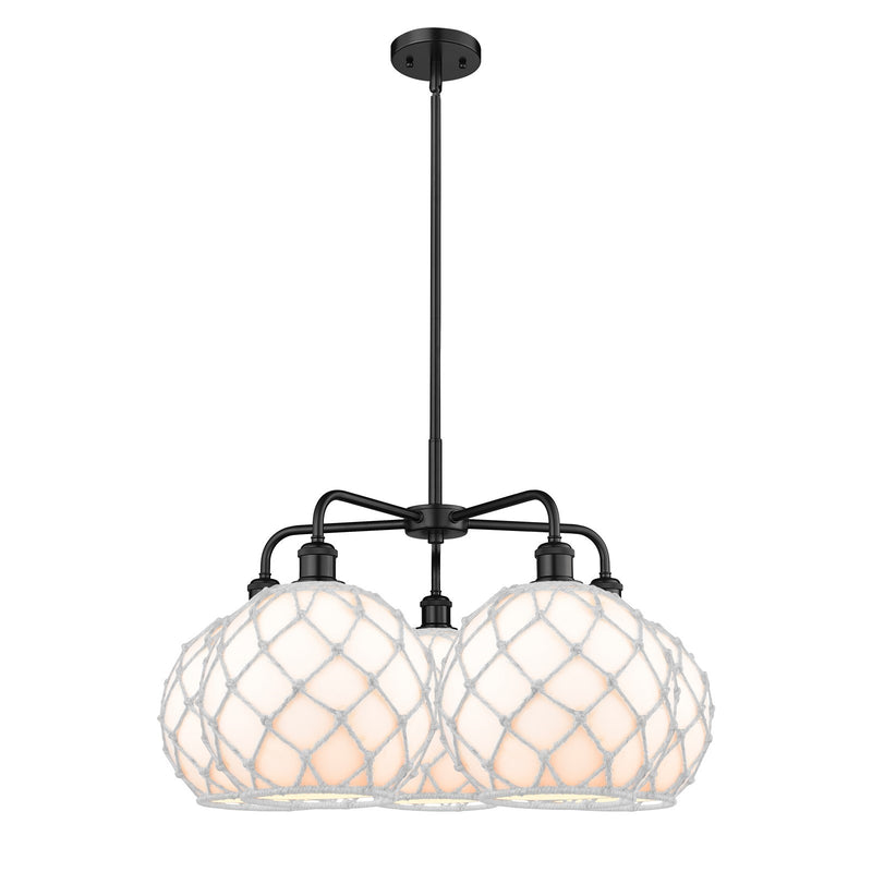 Innovations Farmhouse Rope 29in 5-Light Chandelier | Industrial Matte Black Steel and White Glass with Rope Shade | Dining | Model 516-5CR-BK-G121-10RW
