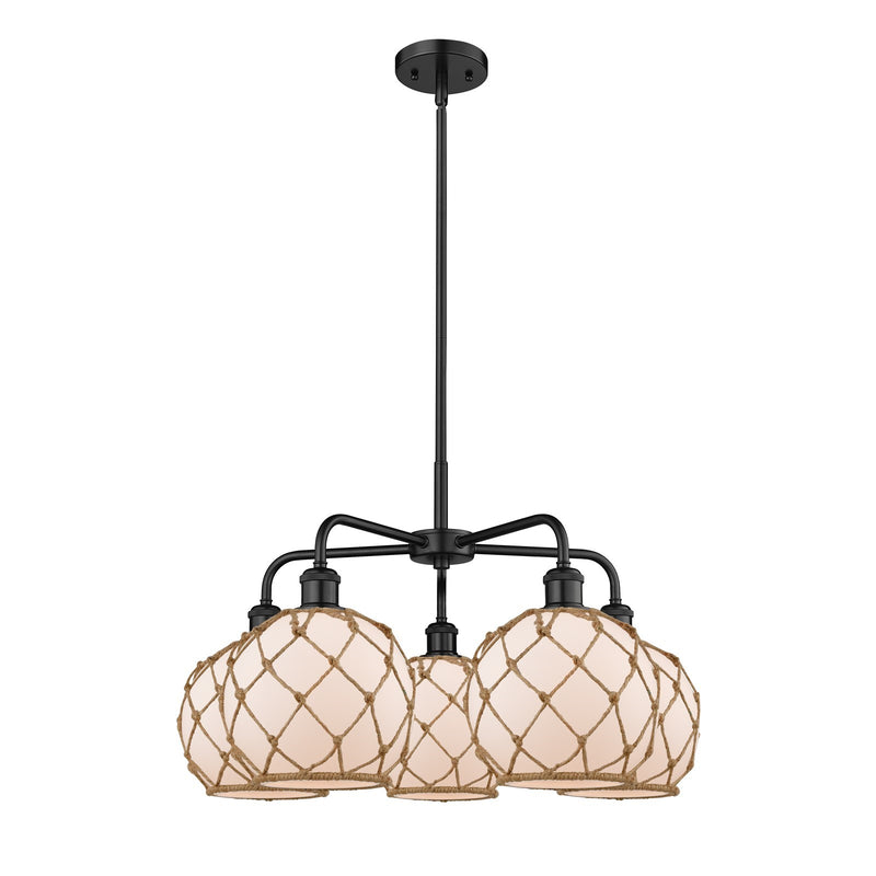 Innovations Farmhouse Rope 27in 5-Light Chandelier | Industrial Matte Black Steel and White Frosted Glass with Brown Rope | Model 516-5CR-BK-G121-8RB