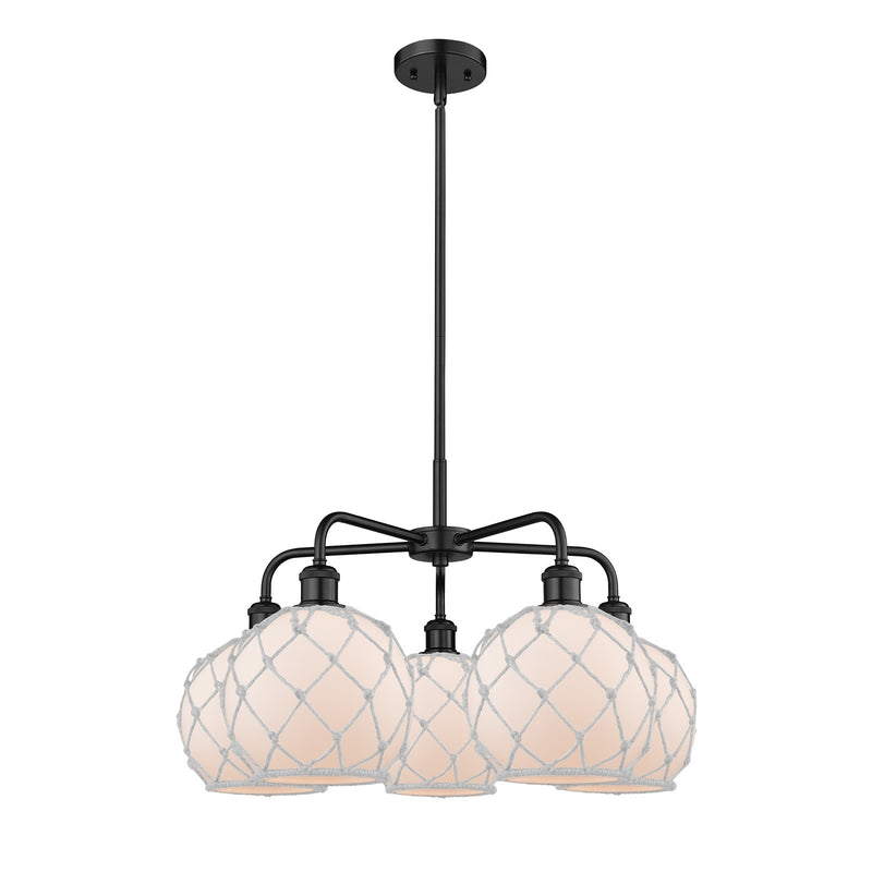 Innovations Farmhouse Rope 27in 5-Light Chandelier | Industrial Matte Black Steel and White Frosted Glass Rope Shade | Kitchen | Model 516-5CR-BK-G121-8RW