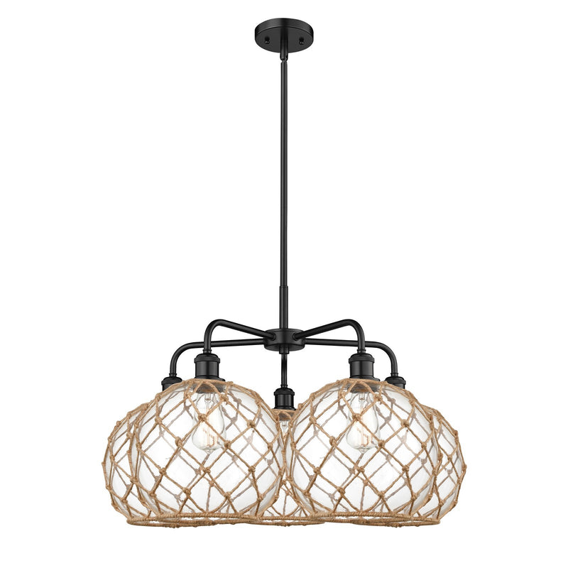 Innovations Farmhouse Rope 29in 5-Light Chandelier | Industrial Matte Black Steel and Clear Glass | Kitchen Island & Dining | Model 516-5CR-BK-G122-10RB