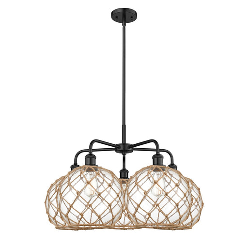 Innovations Farmhouse Rope 29in 5-Light Chandelier | Industrial Matte Black Steel and Clear Glass | Kitchen Island & Dining | Model 516-5CR-BK-G122-10RB