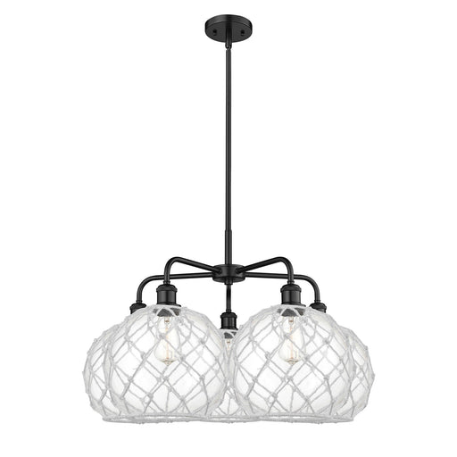 Innovations Farmhouse Rope 29in 5-Light Chandelier | Industrial Matte Black Steel and Clear Glass with White Rope | Dining | Model 516-5CR-BK-G122-10RW