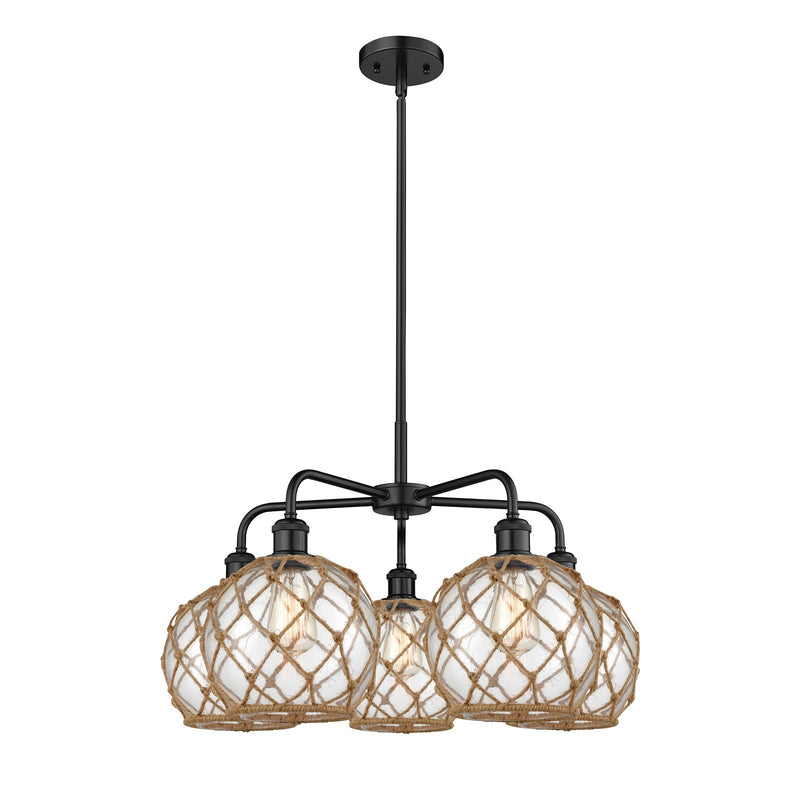 Innovations Farmhouse Rope 27in 5-Light Chandelier | Industrial Matte Black Steel and Clear Glass with Brown Rope | Dining | Model 516-5CR-BK-G122-8RB
