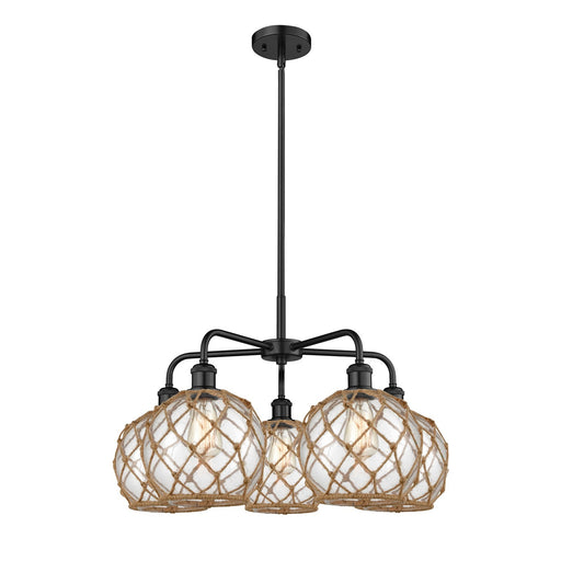 Innovations Farmhouse Rope 27in 5-Light Chandelier | Industrial Matte Black Steel and Clear Glass with Brown Rope | Dining | Model 516-5CR-BK-G122-8RB