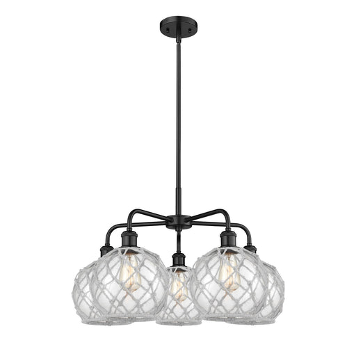 Innovations Farmhouse Rope 27in 5-Light Chandelier | Industrial Matte Black Steel and Clear Glass with White Rope | Dining | Model 516-5CR-BK-G122-8RW