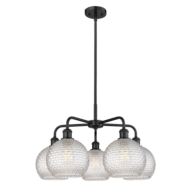 Innovations Athens 26in 5-Light Chandelier | Modern Farmhouse Matte Black Steel and Clear Basket Weave Glass | Dining Room & | Model 516-5CR-BK-G122C-8CL