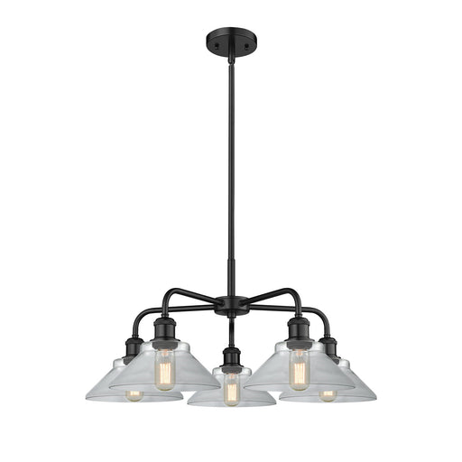 Innovations Orwell 26in 5-Light Chandelier | Industrial Matte Black Steel and Clear Glass | Dining Room & Living Room | 26.38 x | Model 516-5CR-BK-G132