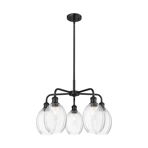 Innovations Preston Bulb 25in 5-Light Chandelier | Industrial Matte Black Steel and Clear Glass | Kitchen Island & Dining Room | Model 516-5CR-BK-G459-6CL