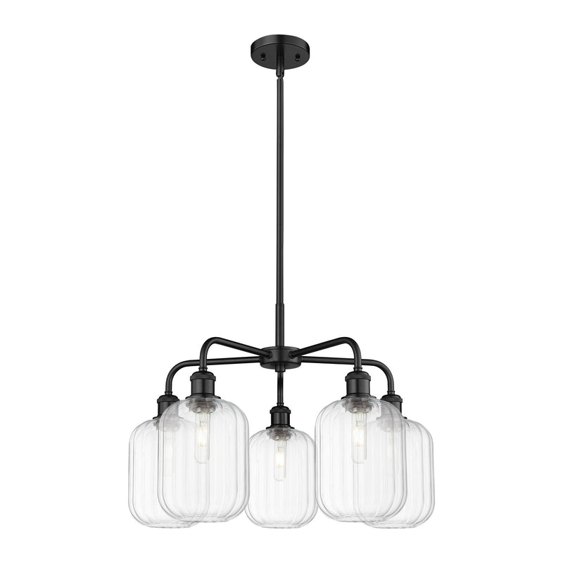 Innovations Preston Cylinder 25in 5-Light Chandelier | Industrial Matte Black Steel and Clear Glass | Dining Room & Living | Model 516-5CR-BK-G460-7CL