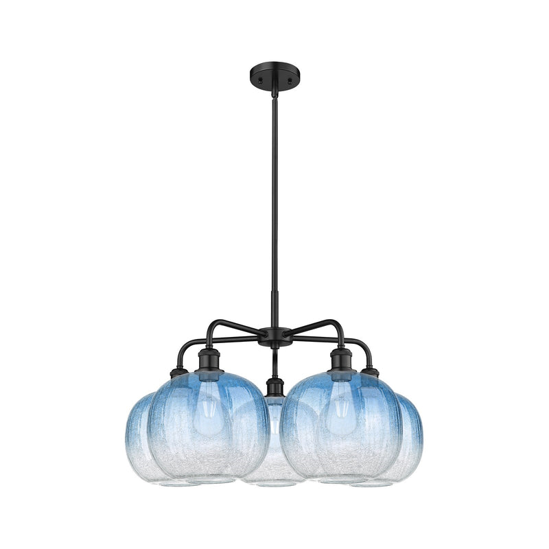 Innovations Brookhaven Sphere 29in 5-Light Chandelier | Industrial Matte Black Steel and Sapphire Blue Glass | Dining Room & | Model 516-5CR-BK-G481-10SB