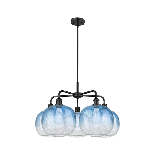 Innovations Brookhaven Sphere 29in 5-Light Chandelier | Industrial Matte Black Steel and Sapphire Blue Glass | Dining Room & | Model 516-5CR-BK-G481-10SB
