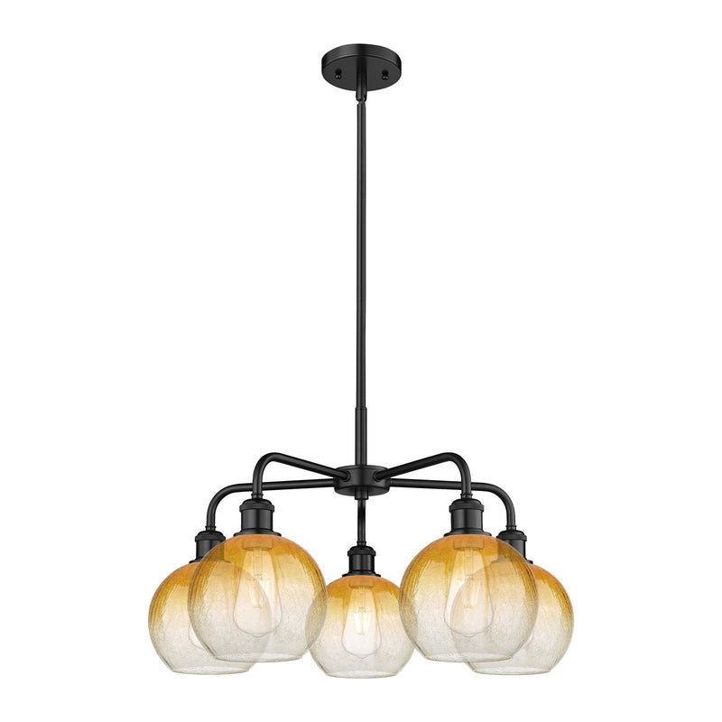Innovations Brookhaven Globe 26in 5-Light Chandelier | Industrial Matte Black Steel and Amber Glass | Kitchen Island & Dining | Model 516-5CR-BK-G483-8AM