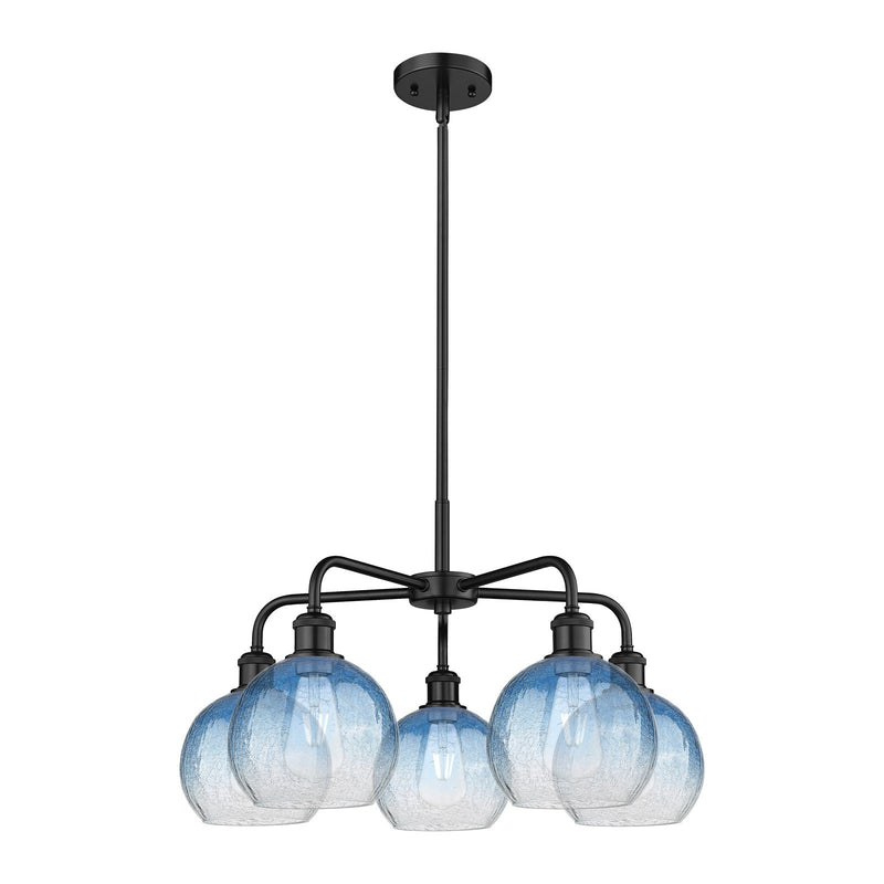 Innovations Brookhaven Globe 26in 5-Light Chandelier | Industrial Matte Black Steel and Sapphire Blue Glass | Kitchen & Dining | Model 516-5CR-BK-G483-8SB