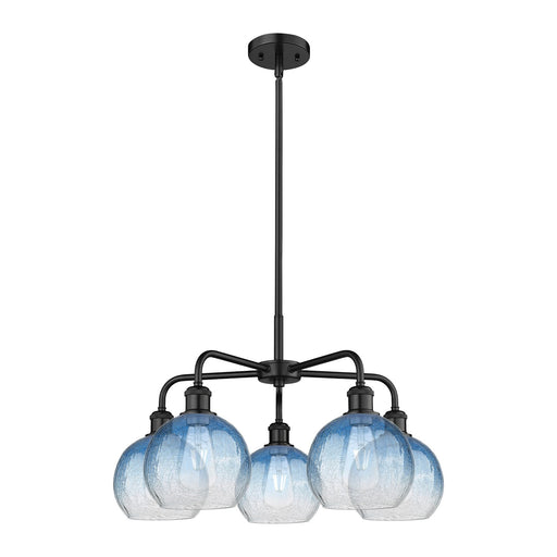 Innovations Brookhaven Globe 26in 5-Light Chandelier | Industrial Matte Black Steel and Sapphire Blue Glass | Kitchen & Dining | Model 516-5CR-BK-G483-8SB