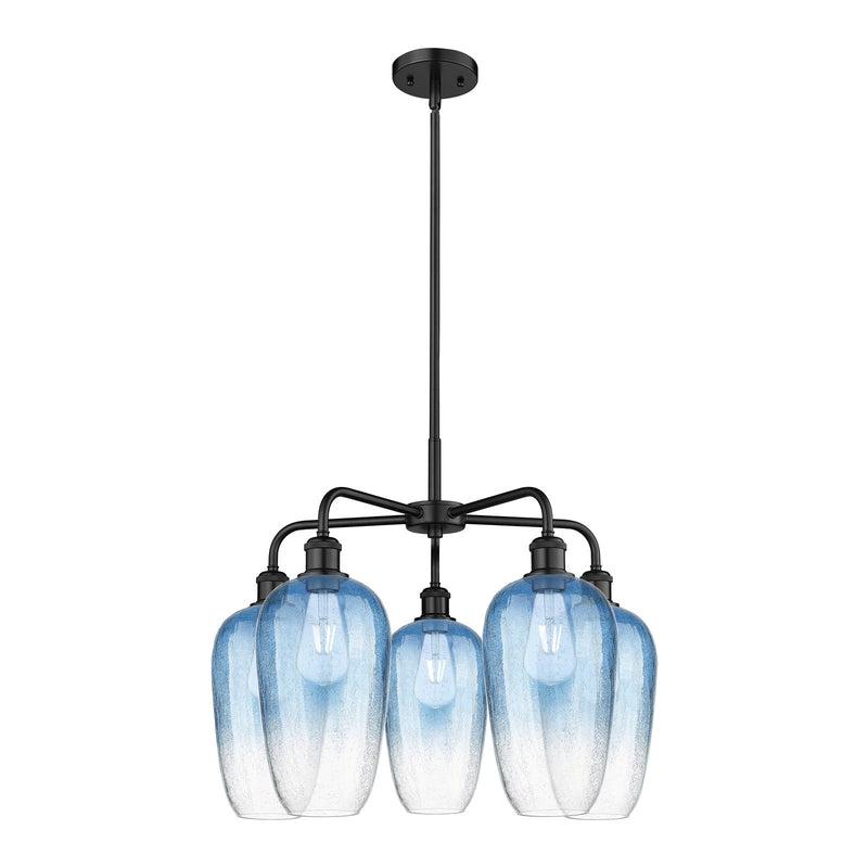 Innovations Brookhaven Flute 26in 5-Light Chandelier | Industrial Matte Black Steel and Sapphire Blue Glass | Dining Room & | Model 516-5CR-BK-G484-7SB