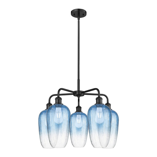 Innovations Brookhaven Flute 26in 5-Light Chandelier | Industrial Matte Black Steel and Sapphire Blue Glass | Dining Room & | Model 516-5CR-BK-G484-7SB