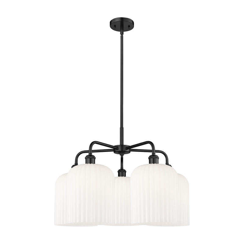 Innovations Bridal Veil 23in 5-Light Chandelier | Industrial Matte Black Steel and Gloss White Ribbed Glass | Dining Room & | Model 516-5CR-BK-G559-8GWH