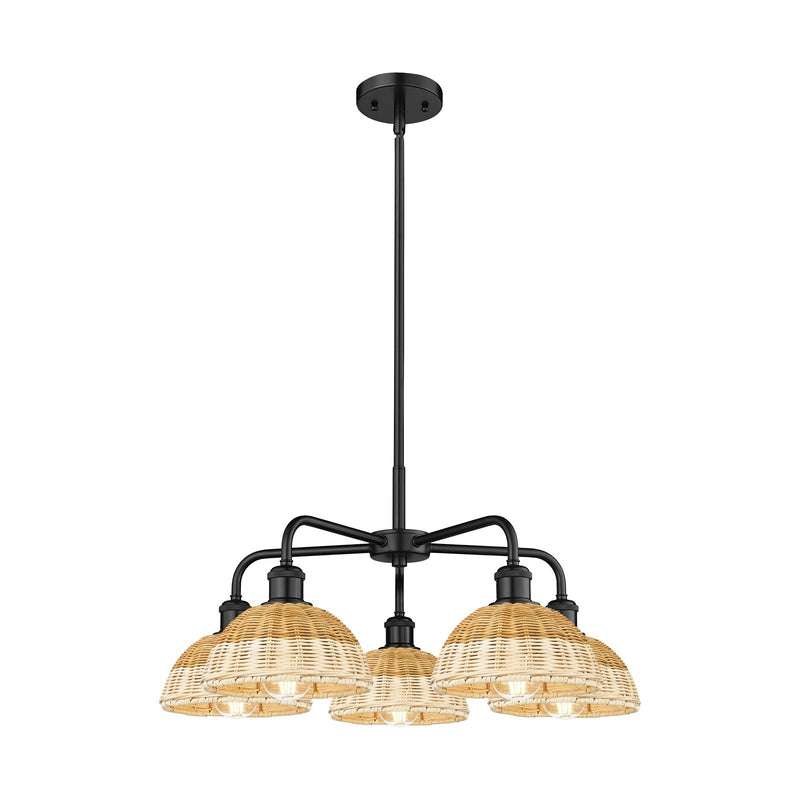 Innovations Bristol Natural II 26in 5-Light Chandelier | Industrial Matte Black Steel and Natural Fiber Dome Shade | Damp | Model 516-5CR-BK-NBD2-75-NAT