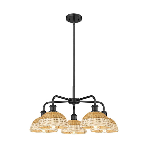 Innovations Bristol Natural II 26in 5-Light Chandelier | Industrial Matte Black Steel and Natural Fiber Dome Shade | Damp | Model 516-5CR-BK-NBD2-75-NAT