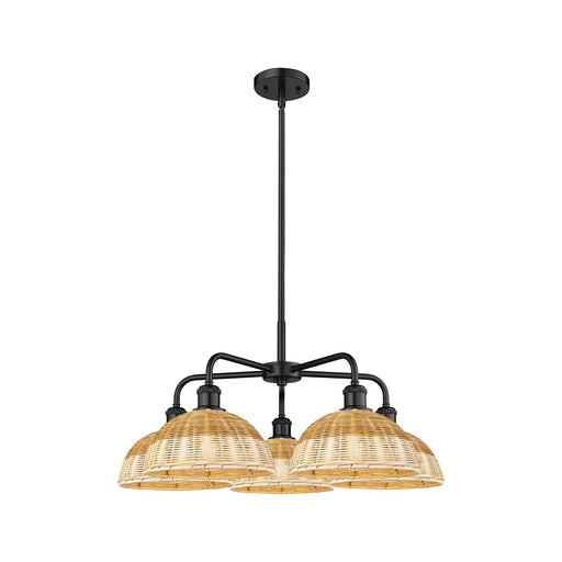Innovations Bristol Natural II 28in 5-Light Chandelier | Industrial Matte Black Steel and Natural Fiber Dome Shades | Dining | Model 516-5CR-BK-NBD2-9-NAT