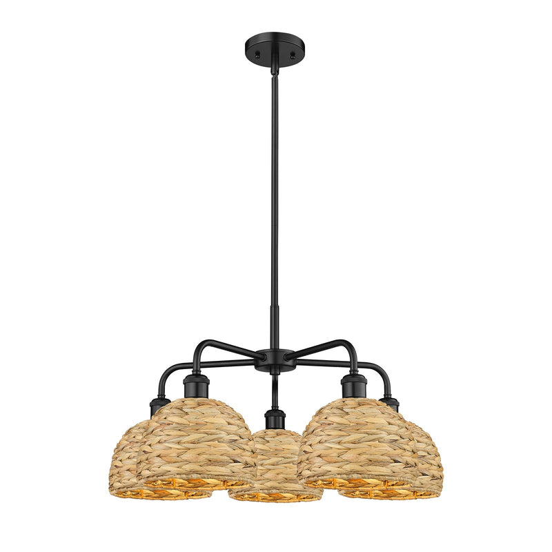 Innovations Ballston 27in 5-Light Chandelier | Industrial Matte Black Steel and Natural Rattan Dome Shades | Dining Room & | Model 516-5CR-BK-RBD-8-NAT