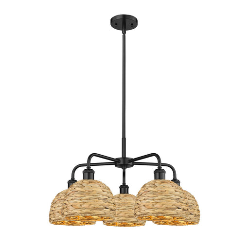 Innovations Ballston 27in 5-Light Chandelier | Industrial Matte Black Steel and Natural Rattan Dome Shades | Dining Room & | Model 516-5CR-BK-RBD-8-NAT