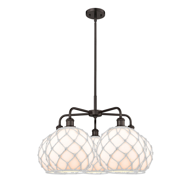 Innovations Farmhouse Rope 29in 5-Light Chandelier | Industrial Oil Rubbed Bronze Steel and White Glass with Rope Shade | Model 516-5CR-OB-G121-10RW