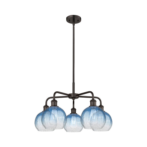 Innovations Brookhaven Globe 26in 5-Light Chandelier | Industrial Oil Rubbed Bronze Steel and Sapphire Blue Glass | Dining | Model 516-5CR-OB-G483-8SB