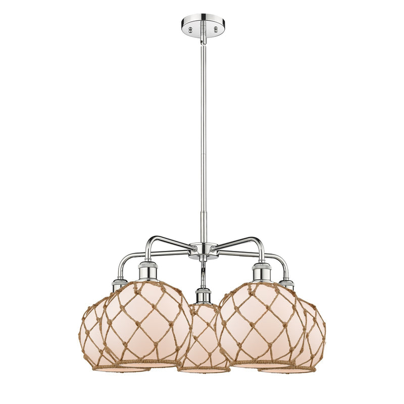 Innovations Farmhouse Rope 27in 5-Light Chandelier | Industrial Polished Chrome and White Frosted Glass with Brown Rope | Model 516-5CR-PC-G121-8RB