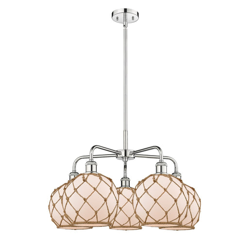 Innovations Farmhouse Rope 27in 5-Light Chandelier | Industrial Polished Chrome and White Frosted Glass with Brown Rope | Model 516-5CR-PC-G121-8RB