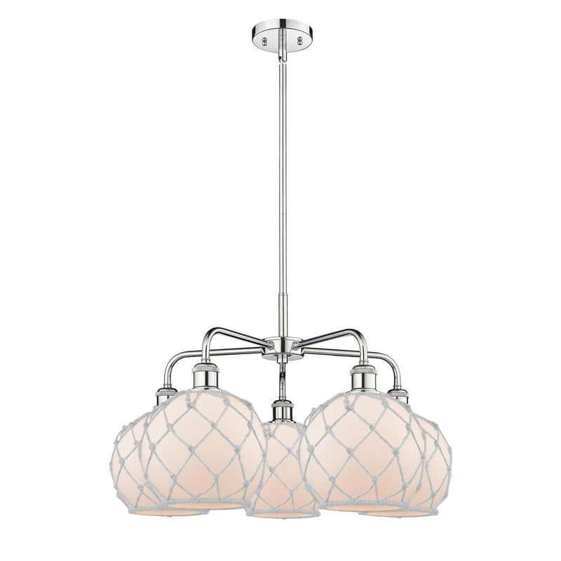 Innovations Farmhouse Rope 27in 5-Light Chandelier | Industrial Polished Chrome and White Glass with White Rope | Dining Room | Model 516-5CR-PC-G121-8RW