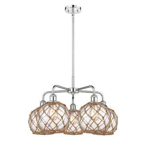 Innovations Farmhouse Rope 27in 5-Light Chandelier | Industrial Polished Chrome and Clear Glass with Brown Rope | Dining Room | Model 516-5CR-PC-G122-8RB