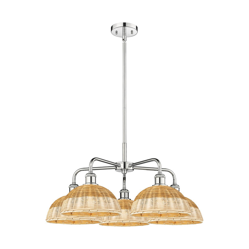 Innovations Bristol Natural II 28in 5-Light Chandelier | Industrial Polished Chrome and Natural Fiber Dome Shade | Model 516-5CR-PC-NBD2-9-NAT
