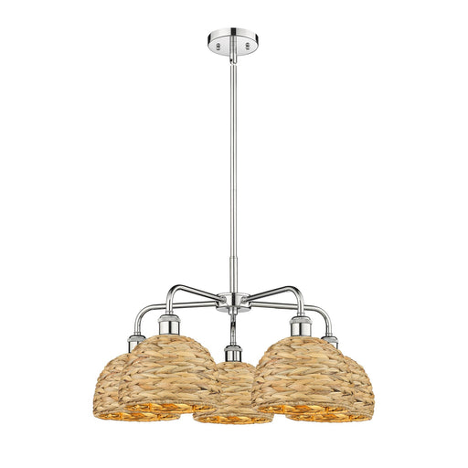 Innovations Woven Rattan 27in 5-Light Chandelier | Industrial Polished Chrome and Natural Rattan | Dining Room & Living Room | Model 516-5CR-PC-RBD-8-NAT