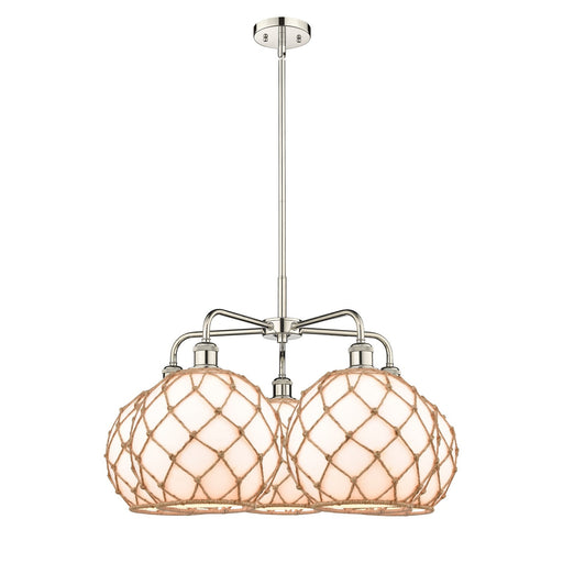 Innovations Farmhouse Rope 29in 5-Light Chandelier | Industrial Polished Nickel Steel and Matte White Glass with Brown Rope | Model 516-5CR-PN-G121-10RB
