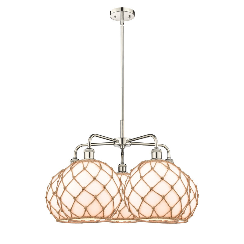 Innovations Farmhouse Rope 29in 5-Light Chandelier | Industrial Polished Nickel Steel and Matte White Glass with Brown Rope | Model 516-5CR-PN-G121-10RB