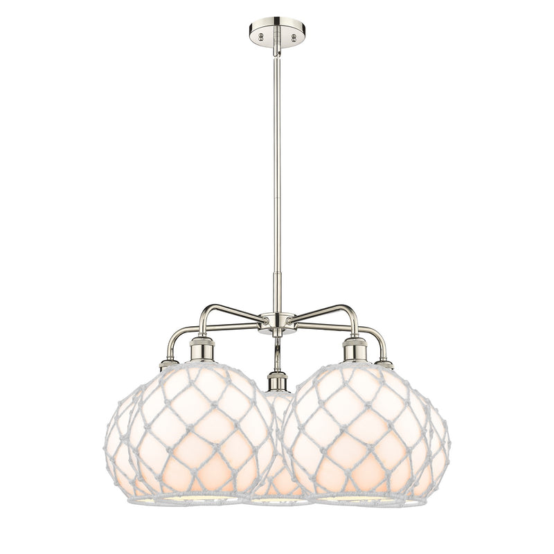 Innovations Farmhouse Rope 29in 5-Light Chandelier | Industrial Polished Nickel Steel and White Glass with White Rope | Model 516-5CR-PN-G121-10RW