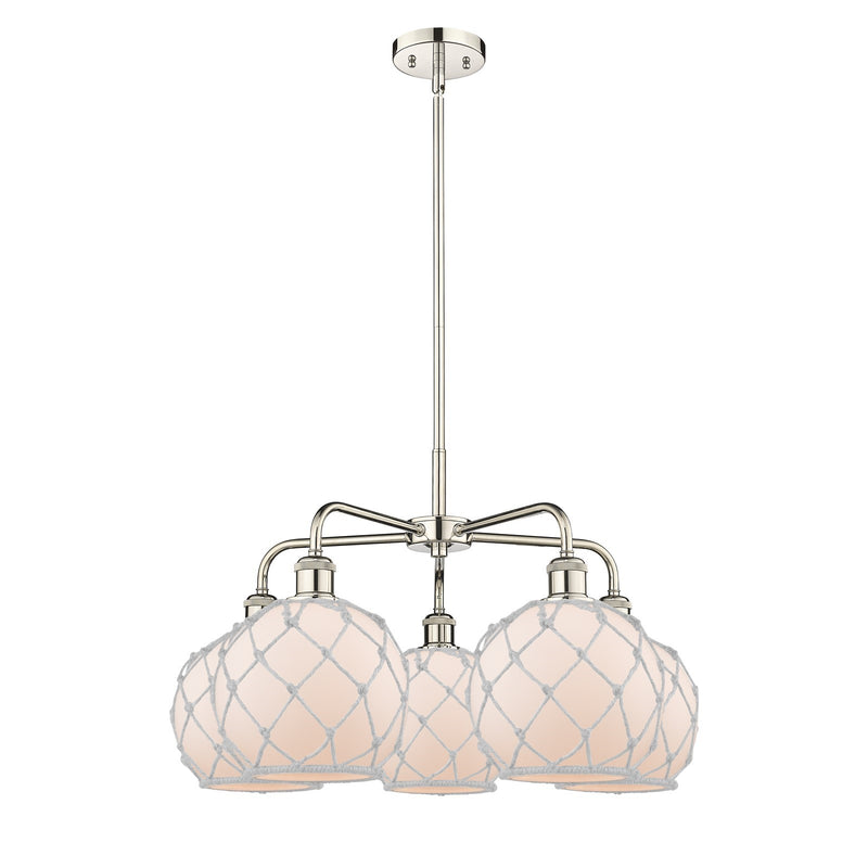 Innovations Farmhouse Rope 27in 5-Light Chandelier | Industrial Polished Nickel and White Glass with Rope | Dining Room & | Model 516-5CR-PN-G121-8RW