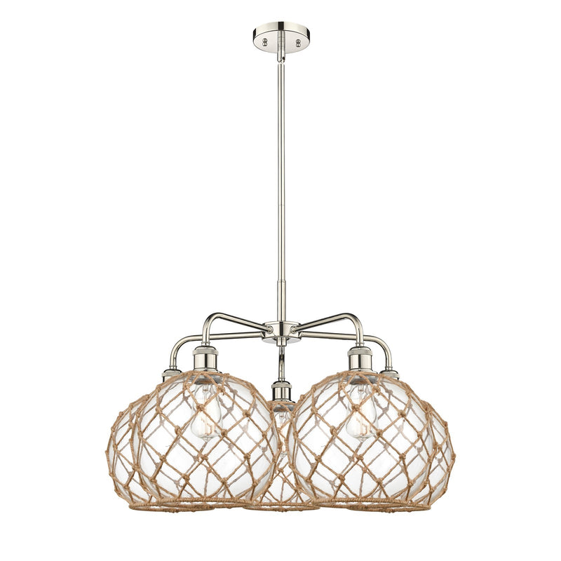 Innovations Farmhouse Rope 29in 5-Light Chandelier | Industrial Polished Nickel and Clear Glass | Kitchen Island & Dining | Model 516-5CR-PN-G122-10RB