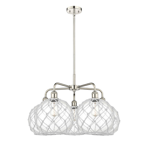 Innovations Farmhouse Rope 29in 5-Light Chandelier | Industrial Polished Nickel and Clear Glass with White Rope | Dining Room | Model 516-5CR-PN-G122-10RW
