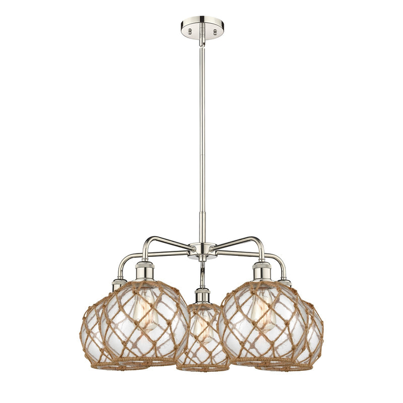 Innovations Farmhouse Rope 27in 5-Light Chandelier | Industrial Polished Nickel and Clear Glass with Brown Rope | Dining Room | Model 516-5CR-PN-G122-8RB